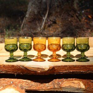 Kings Crown Thumbprint Liqueur Glasses, 6 Port Sherry Goblets VTG Amber/Green